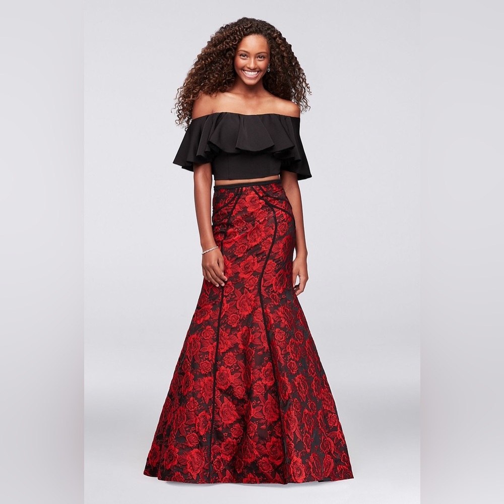 Dave and Johnny• Seamed brocade two-piece dress with flounced top